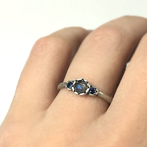 Rose Cut Labradorite, Blue Sapphire and Sterling Silver Three Stone Ring