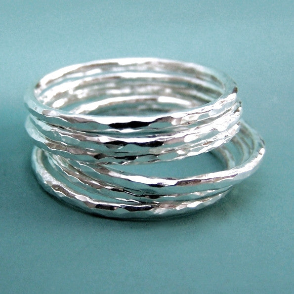 Thin Sterling Silver Stacking Ring Set - Hand Hammered - Set of Six