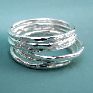 Thin Sterling Silver Stacking Ring Set - Hand Hammered - Set of  Six